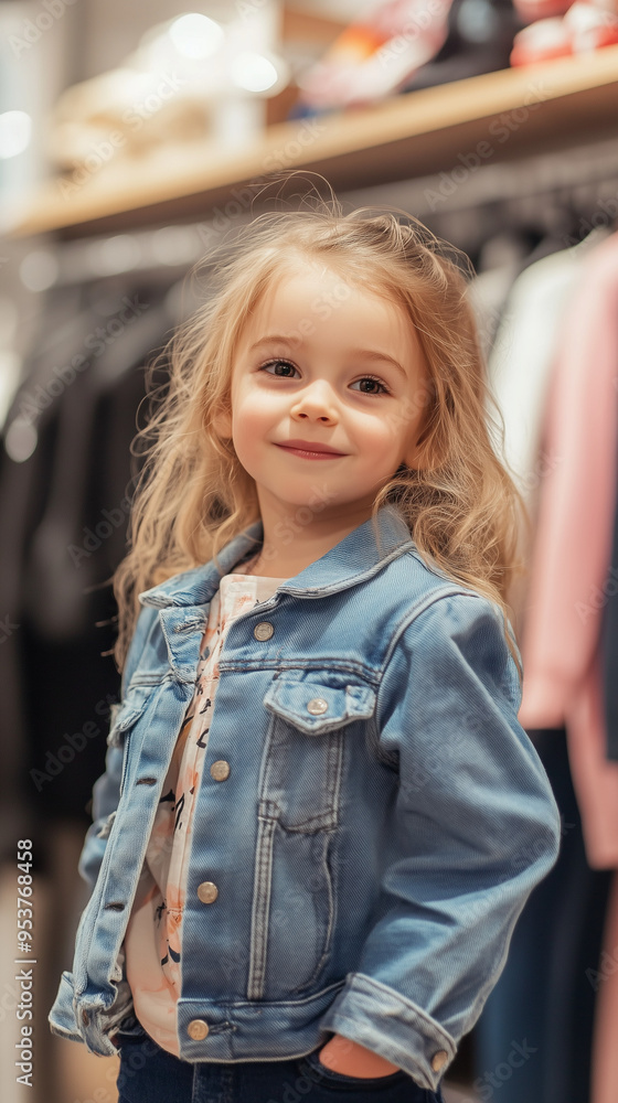 Cute young girl in a denim jacket smiling in a clothing store Cute young girl in a denim jacket smiling in a clothing store