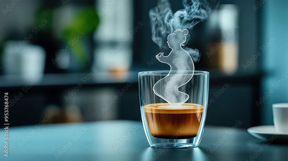A captivating glass of coffee with mystical steam forming a human silhouette, creating an enchanting and artistic atmosphere. A captivating glass of coffee with mystical steam forming a human silhouette, creating an enchanting and artistic atmosphere.