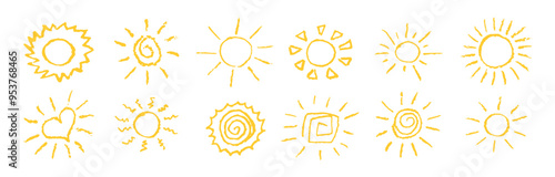 Set of fun like kid drawing yellow sun. Collection painted with pastel crayons or wax pencil sunny icons. Summer sky symbols. Rough chalk texture vector illustration in children style. Design elements