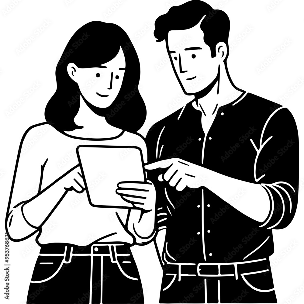 Couple looking at tablet.