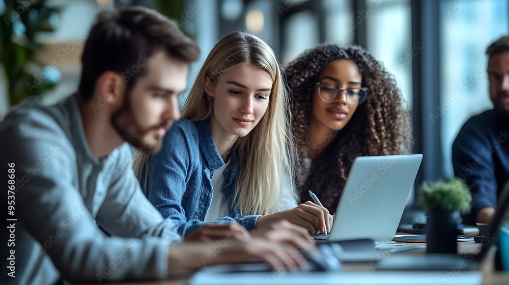 A Diverse Group of Young Professionals Collaborate in a Modern Office Space A Diverse Group of Young Professionals Collaborate in a Modern Office Space