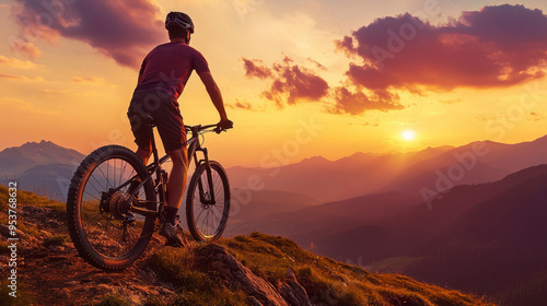 Wallpaper Mural A man on a mountain bike pausing at the peak of a hill, silhouetted style Torontodigital.ca