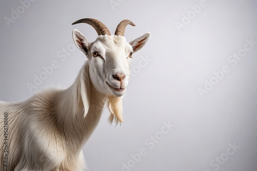 there is a goat with long horns standing in front of a gray background 