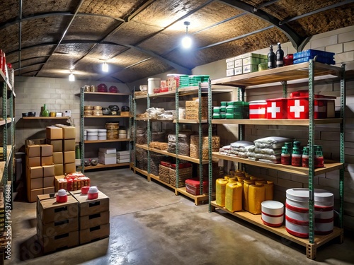 A dimly lit underground bunker reveals a stockpile of non-perishable food, water, first aid supplies, and communication photo