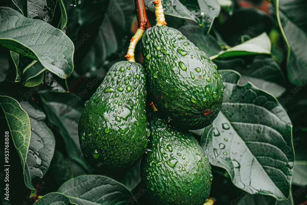 Naklejka premium green avocado hanging on a branch