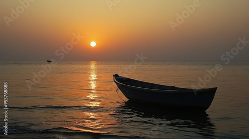 A lone boat anchored near the shore at Versova Beach, with the sun setting over the Arabian Sea.