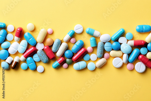 colorful pills and capsules on a vibrant yellow background