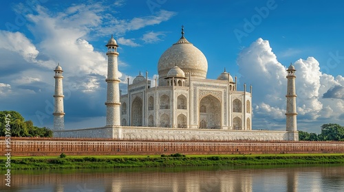 A panoramic view of the majestic Taj Mahal, with its iconic white marble domes and minarets.