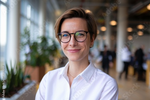 Businesswoman smiling office. Portrait of a businesswoman in glasses smiling and looking at the camera. She is wearing a white shirt in a modern office setting.