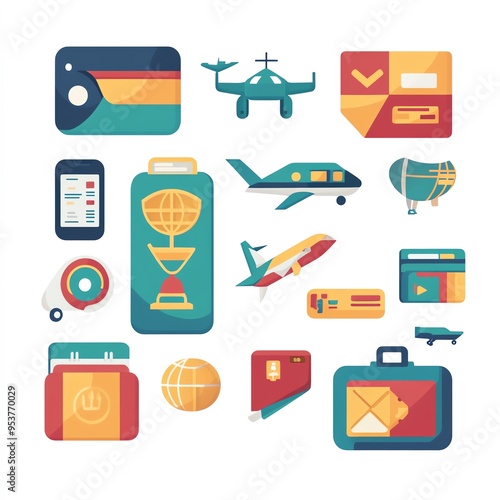 18. A digital wallet with travel-related icons, showcasing its use in international transactions, Wallet travel icons, Global travel finance photo