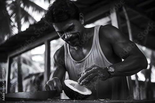 old man in the jungle chopping open a coconut, chopping up a coconut