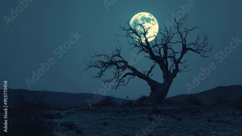 A silhouette of a dead tree stands tall in the center of a desert landscape under a full moon its twisted branches framing the sky as small creatures scuttle in the shadows the silence almost tangible