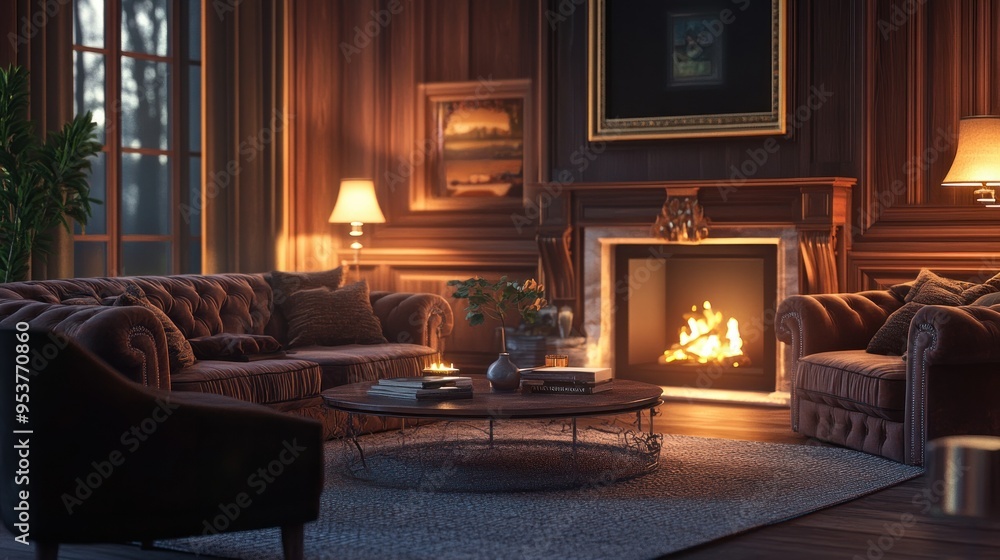Cozy Living Room with Fireplace and Velvet Couches Cozy Living Room with Fireplace and Velvet Couches