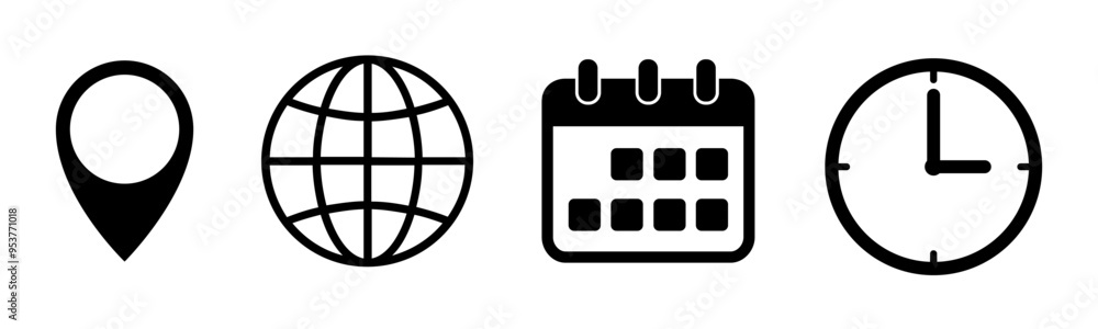 Date, time and address icon set, calendar, clock, location pin signs Date, time and address icon set, calendar, clock, location pin signs