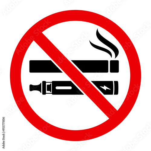 No smoking cigarette or vape sign, cigarette, vape in prohibition circle area