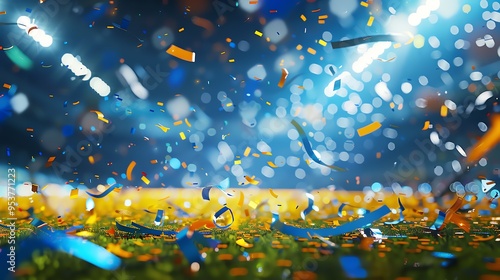 confetti in front of the soccer field, the concept of victory.