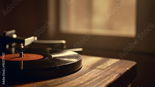 A close-up of a vintage record player, showcasing the intricate details of the turntable and tonearm photo