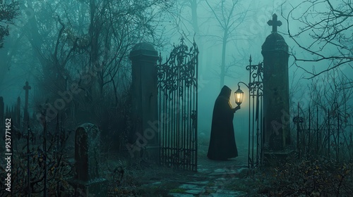 A misty graveyard scene with an old, iron gate creaking open while a hooded figure holding a lantern steps through, casting long shadows photo