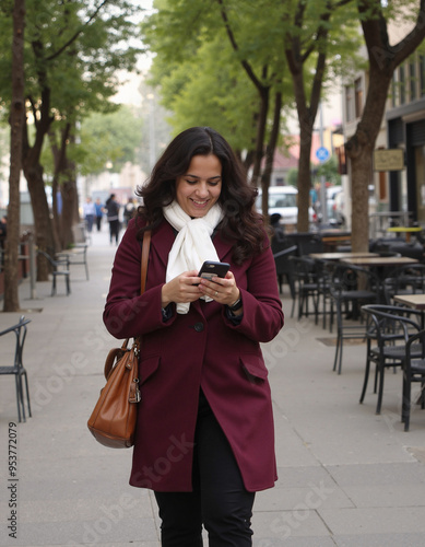 Curvy Middle Eastern Woman Portrait, digital lifestyle, everyday technology, connected moments, modern communication, real-life interaction, handheld device, tech in daily life. photo