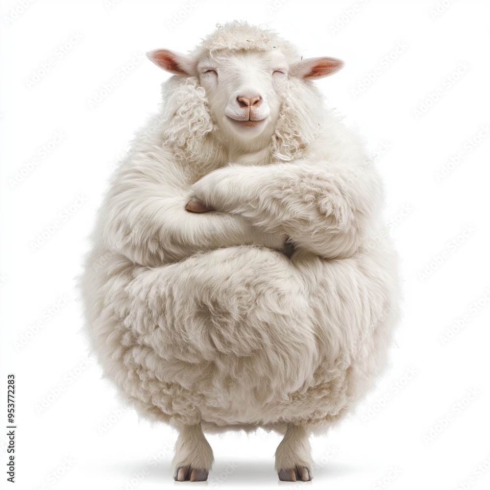 Fototapeta premium Fluffy white goat with crossed hooves and a peaceful smile on white background