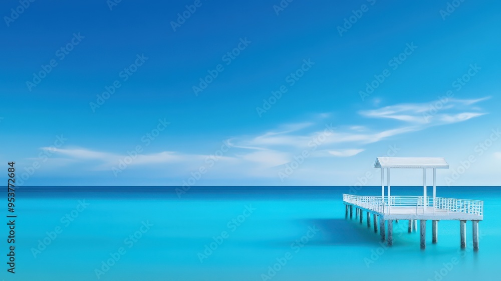 A serene ocean view with a tranquil blue sky and a wooden pier stretching into the calm waters, perfect for relaxation. A serene ocean view with a tranquil blue sky and a wooden pier stretching into the calm waters, perfect for relaxation.