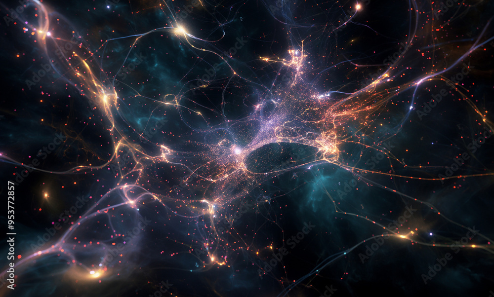 Complex network with web-like filaments, bioluminescent highlights, dark space backdrop Complex network with web-like filaments, bioluminescent highlights, dark space backdrop
