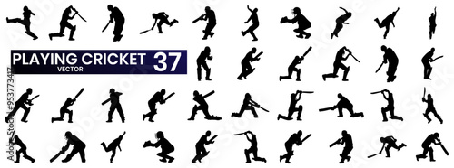 Here is a vector set related to the game of cricket, with various elements such as batsman, bowler, fielder and cricket equipment in modern, clean style. photo