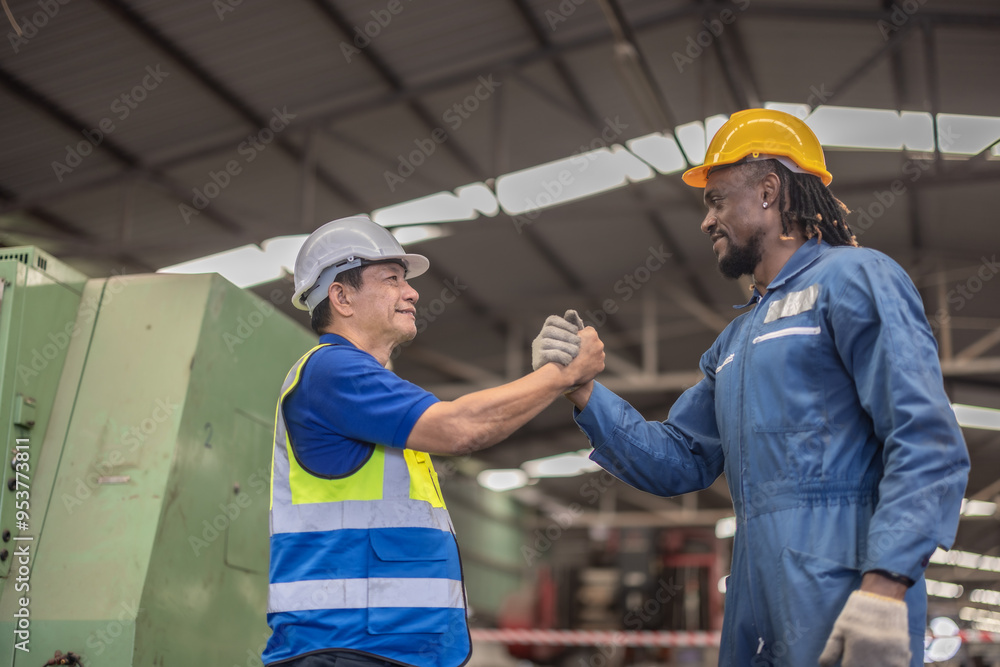 Industrial Workers Shaking Hands in Factory Industrial Workers Shaking Hands in Factory