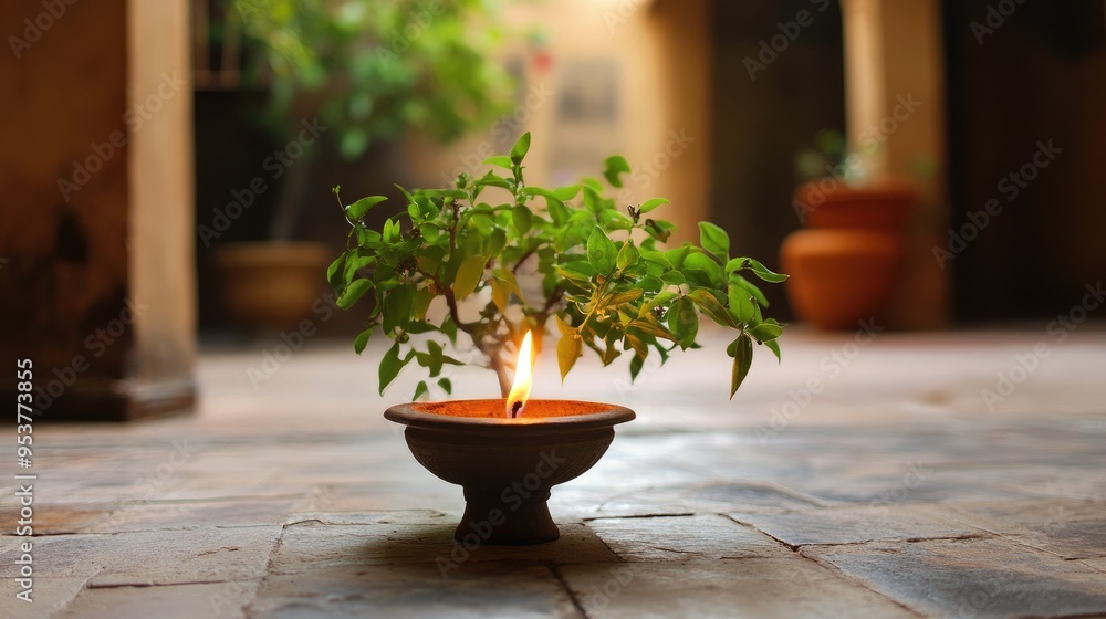 A traditional Indian tulsi plant with a small lamp burning in front of it, placed in a courtyard. A traditional Indian tulsi plant with a small lamp burning in front of it, placed in a courtyard.