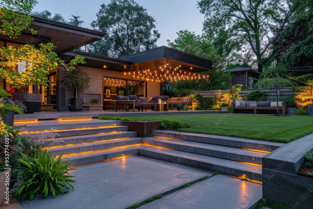 Modern Backyard with Concrete Steps, String Lights, Lush Green Grass, Flowering Trees, and Warm Ambiance for Relaxation or Social Gatherings at Dusk Modern Backyard with Concrete Steps, String Lights, Lush Green Grass, Flowering Trees, and Warm Ambiance for Relaxation or Social Gatherings at Dusk