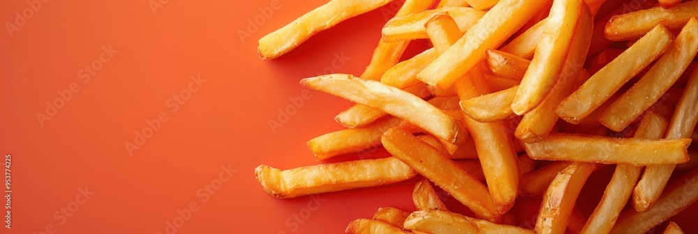 Delicious golden french fries on a vibrant orange background, highlighting crispy textures and seasoning. Free copy space for banner. Delicious golden french fries on a vibrant orange background, highlighting crispy textures and seasoning. Free copy space for banner.