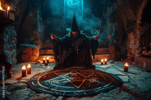 Satanic Ritual by Warlock Summoning Demonic Forces on Pentacle with Candles for Occult and Horror Stories photo