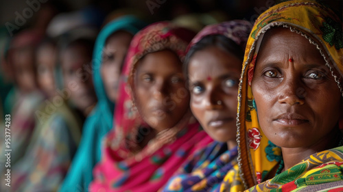 indian rural woman sitting together in line