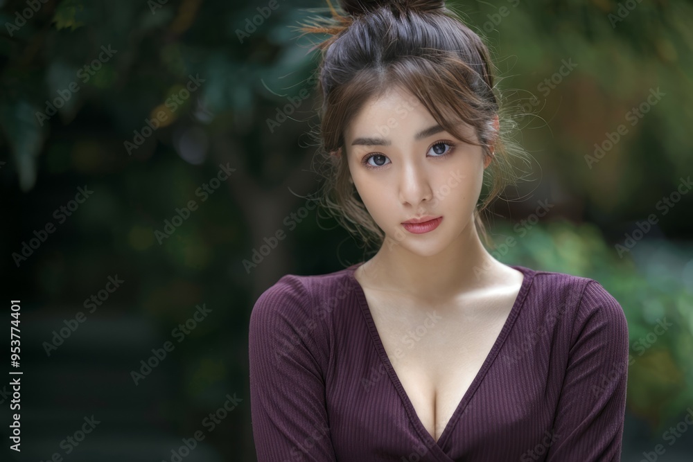 Woman looking camera. Attractive young woman with dark hair, wearing a purple top, looking at the camera. Woman looking camera. Attractive young woman with dark hair, wearing a purple top, looking at the camera.