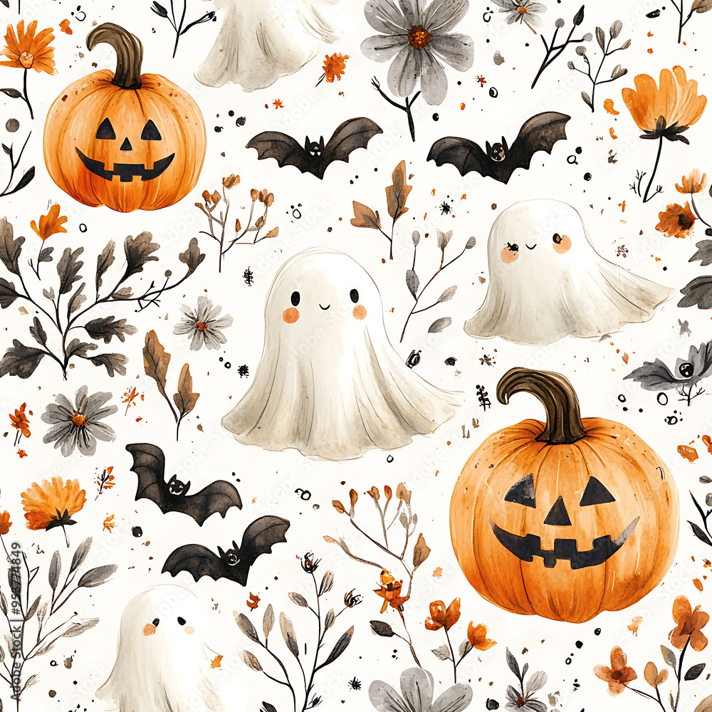 Cute ghosts and pumpkins create whimsical Halloween design with flowers and bats, perfect for festive decor. Cute ghosts and pumpkins create whimsical Halloween design with flowers and bats, perfect for festive decor.