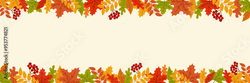 Autumn banner template with orange, yellow, green different leaves and branches of ripe red rowan. Hand drawn vector illustration isolated on light background, flat cartoon style.