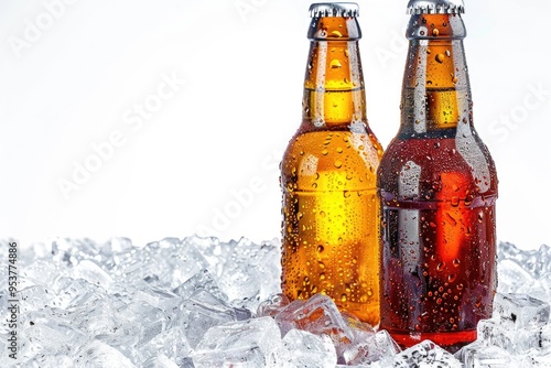 Two bottles of beer on ice cubes. Isolated on white background.