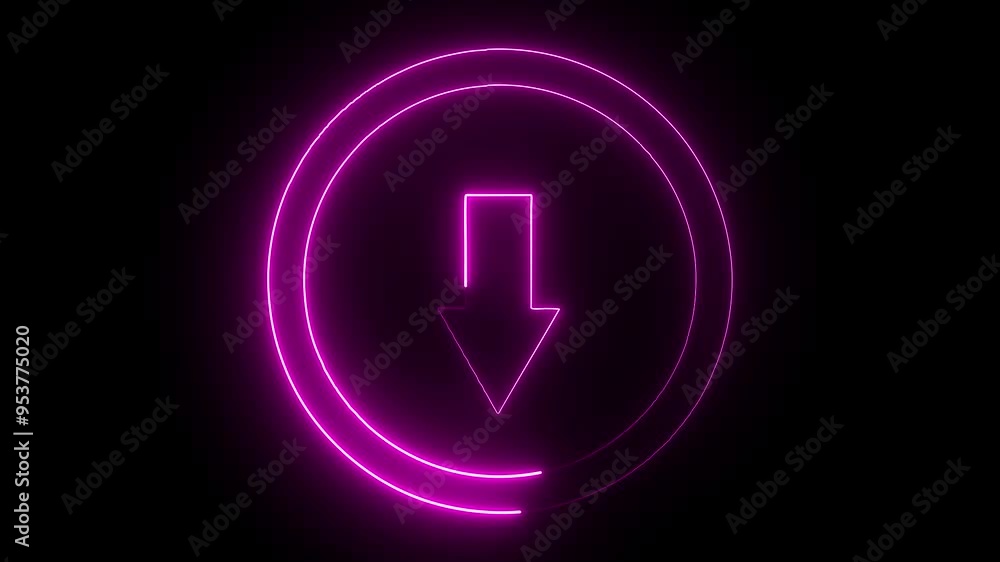 Neon arrow glowing. Directional sign arrow points to the down. Vector sign logo with glowing colors Neon arrow glowing. Directional sign arrow points to the down. Vector sign logo with glowing colors