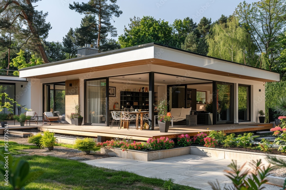 Modern Bungalow in Nature with Rhododendrons, Garden Furniture, Terracotta Tiles, White Beige Exterior, Summer Sunlight, and Detailed High-Resolution Shot Modern Bungalow in Nature with Rhododendrons, Garden Furniture, Terracotta Tiles, White Beige Exterior, Summer Sunlight, and Detailed High-Resolution Shot