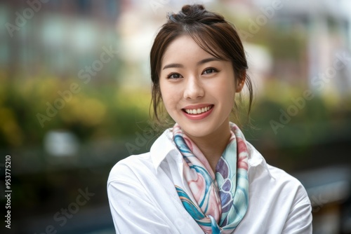 Happy woman scarf. Portrait of a young woman in white shirt with a colorful scarf, smiling and looking at the camera.