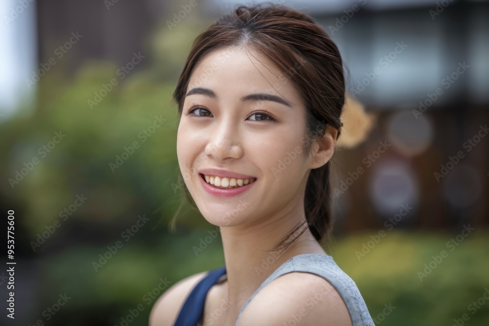 Happy asian woman. Smiling woman with dark hair outdoors, looking at camera. This image represents optimism, joy and happiness. Happy asian woman. Smiling woman with dark hair outdoors, looking at camera. This image represents optimism, joy and happiness.