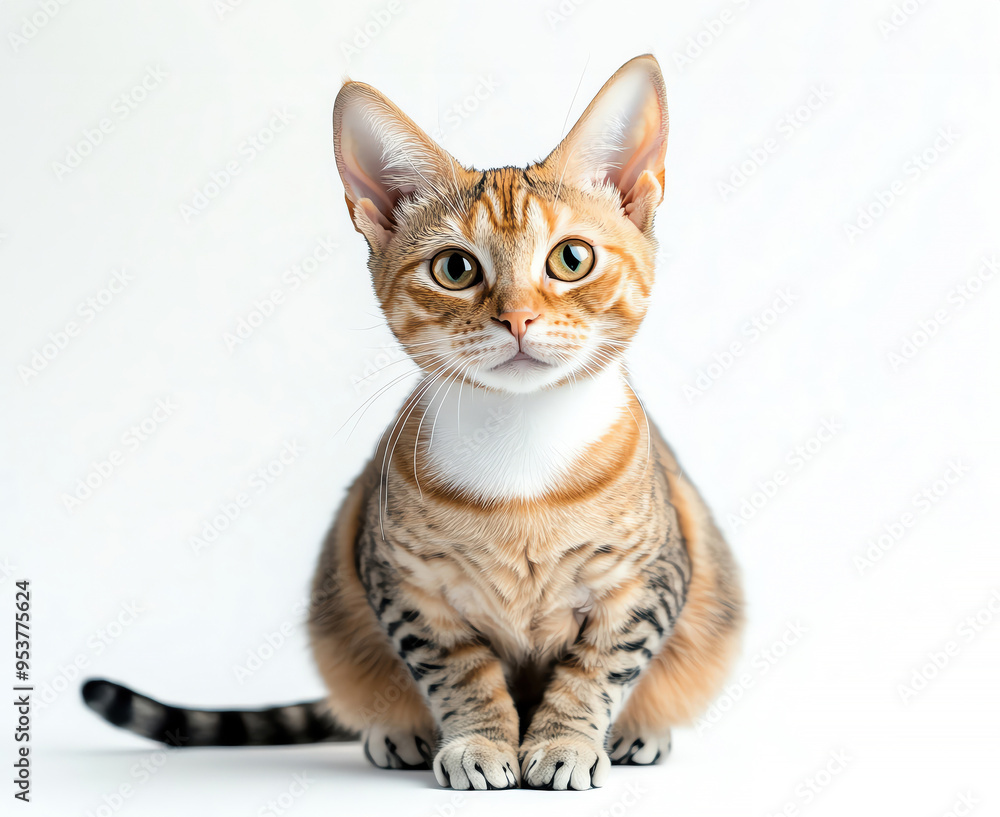 Fototapeta premium Adorable Bengal cat sitting calmly with bright eyes, showcasing its unique fur pattern and playful personality.