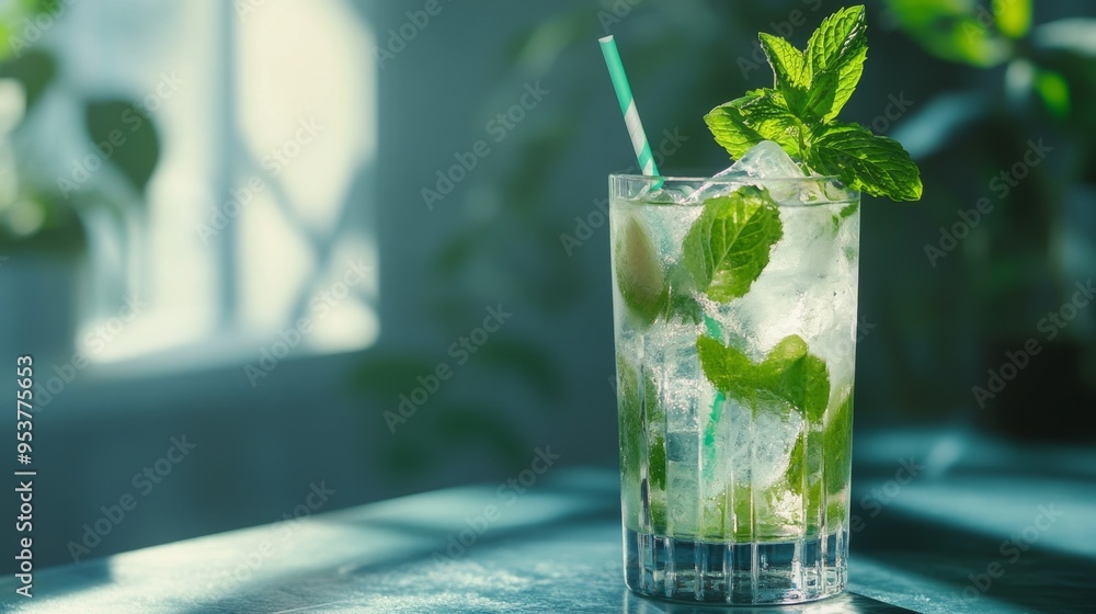 A high-quality AI-generated stock image of a refreshing mojito with mint leaves on the right side, leaving ample space on the left for text. Perfect for drink promotions or summer content. A high-quality AI-generated stock image of a refreshing mojito with mint leaves on the right side, leaving ample space on the left for text. Perfect for drink promotions or summer content.