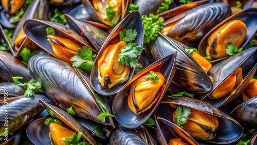 A close up of a bunch of fresh mussels. Ideal for seafood menus photo