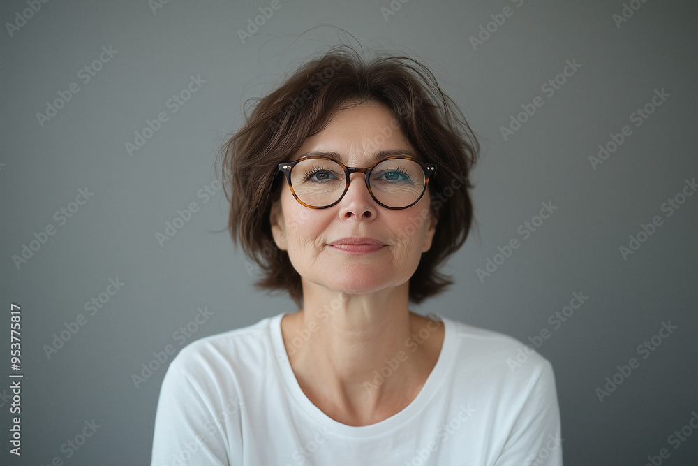 A middle-aged woman with glasses looks straight ahead with a slight smile, white t-shirt A middle-aged woman with glasses looks straight ahead with a slight smile, white t-shirt