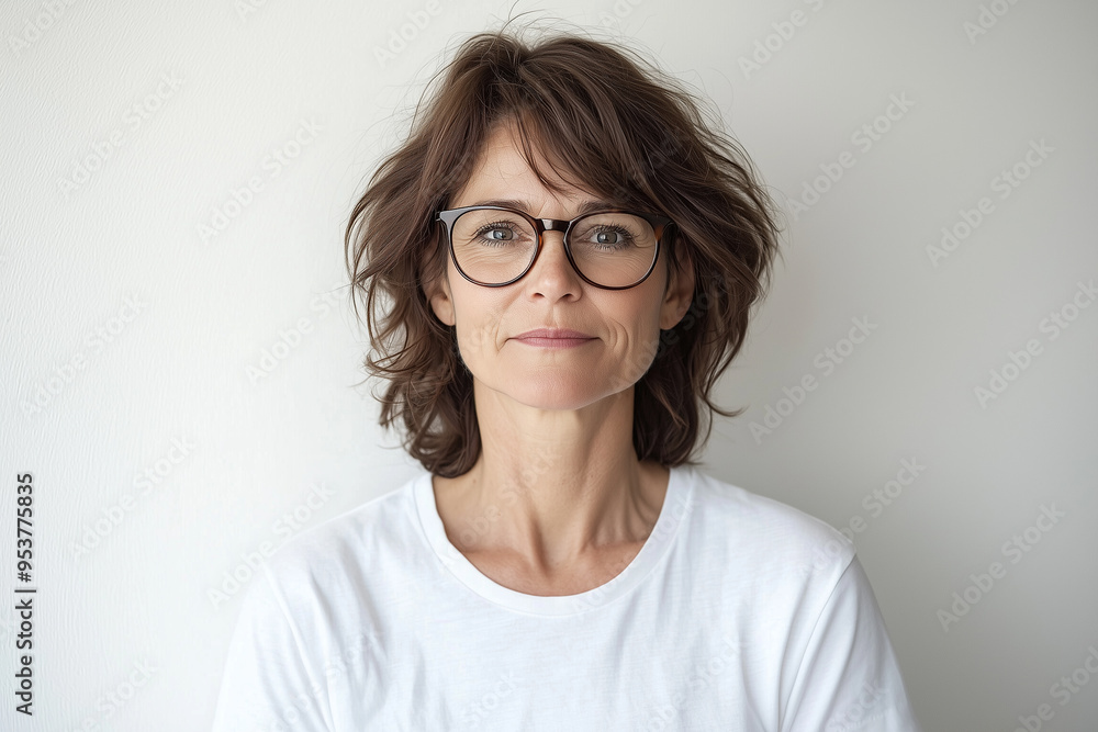A middle-aged woman with glasses looks straight ahead with a slight smile, white t-shirt A middle-aged woman with glasses looks straight ahead with a slight smile, white t-shirt
