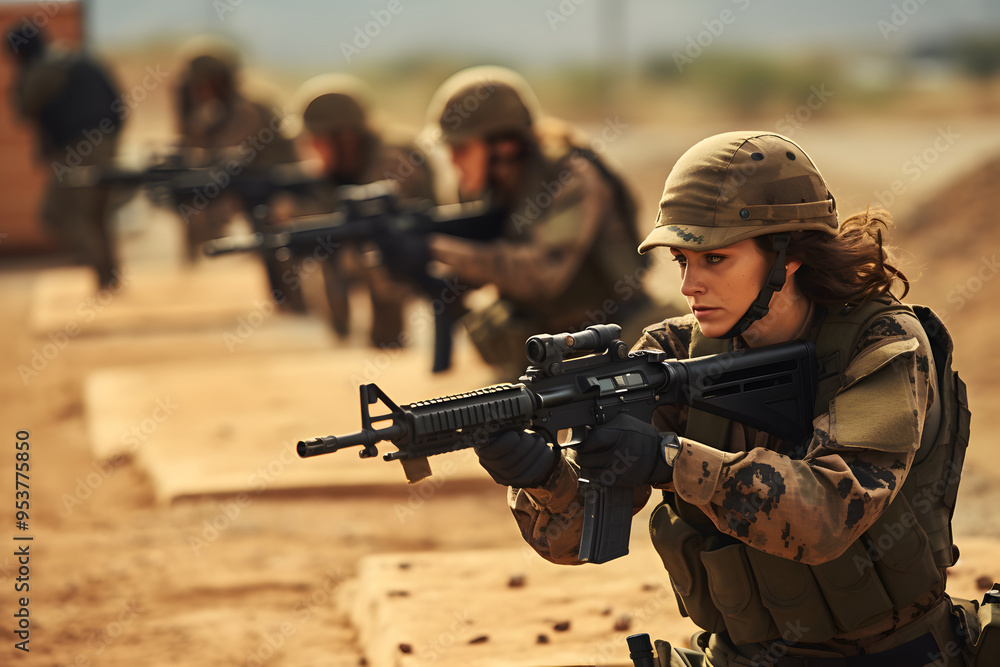 Fototapeta premium soldiers military training on shooting range, soldiers on shooting range training for combat