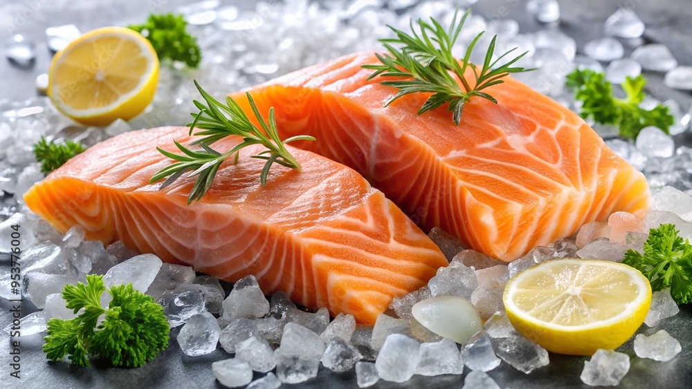 Fresh salmon fillets on ice with lemon and herbs, concept of gourmet seafood cuisine Fresh salmon fillets on ice with lemon and herbs, concept of gourmet seafood cuisine