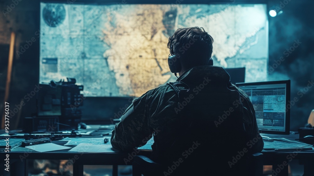 Tactical planning in a war room, soldier engaging with maps and advanced technology. Strategic setting with copy text space. Tactical planning in a war room, soldier engaging with maps and advanced technology. Strategic setting with copy text space.