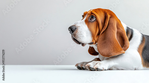 A playful beagle dog standing gracefully, showcasing its distinctive coat and alert expression against a minimalistic background.